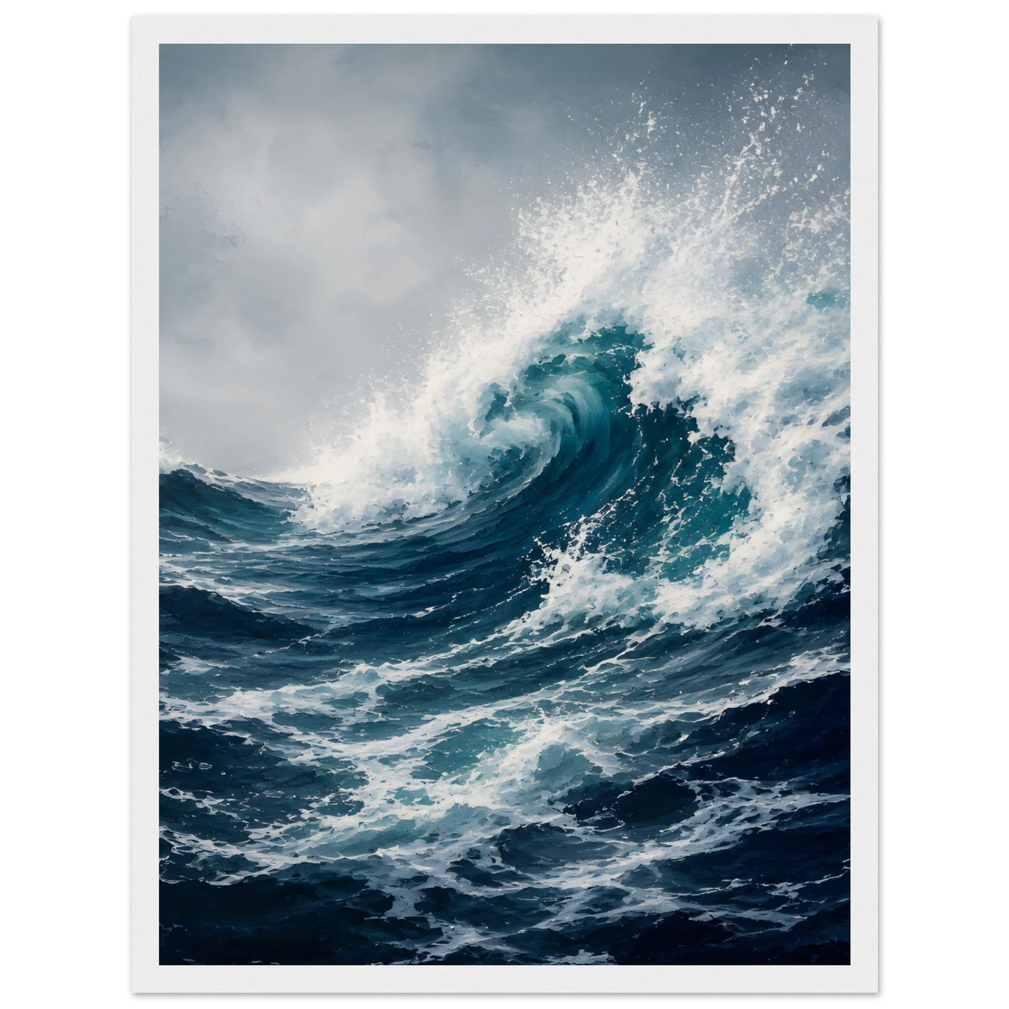 Maritim plakat med stor blå havbølge, hvitt sjøsprøyt og mørkt urolig hav