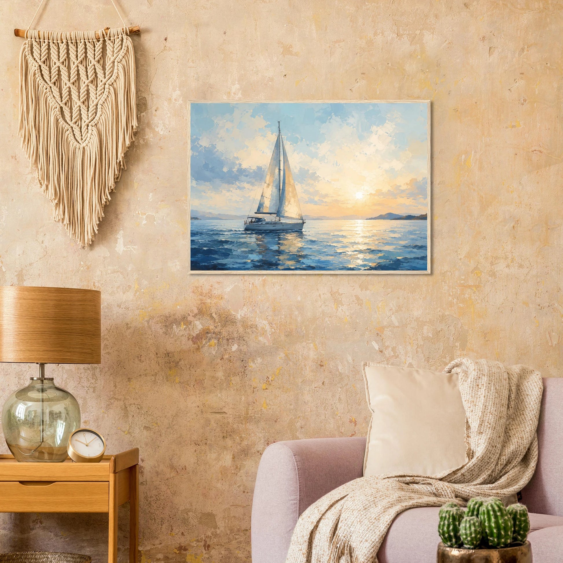 Seilbåt plakat på rolig hav ved solnedgang i blå og gylne toner