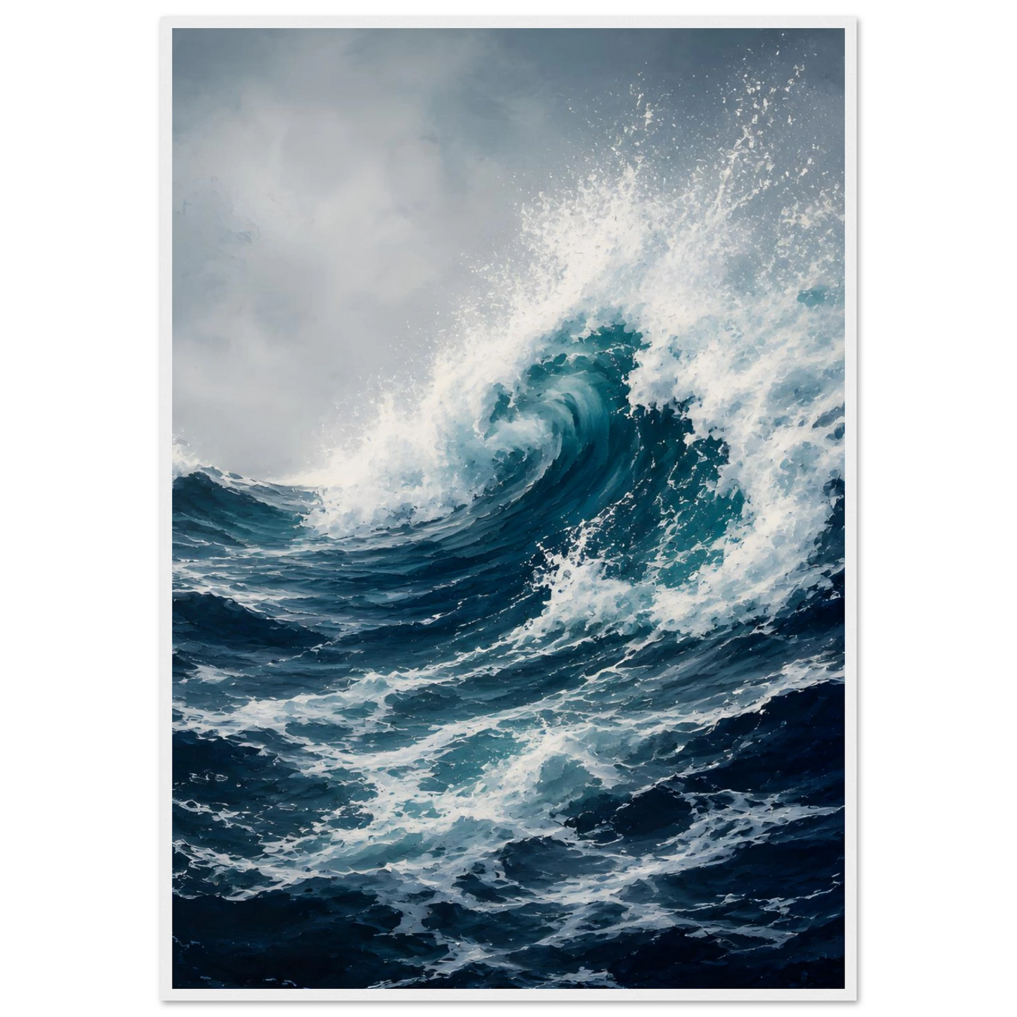 Maritim plakat med stor blå havbølge, hvitt sjøsprøyt og mørkt urolig hav