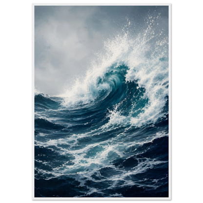 Maritim plakat med stor blå havbølge, hvitt sjøsprøyt og mørkt urolig hav