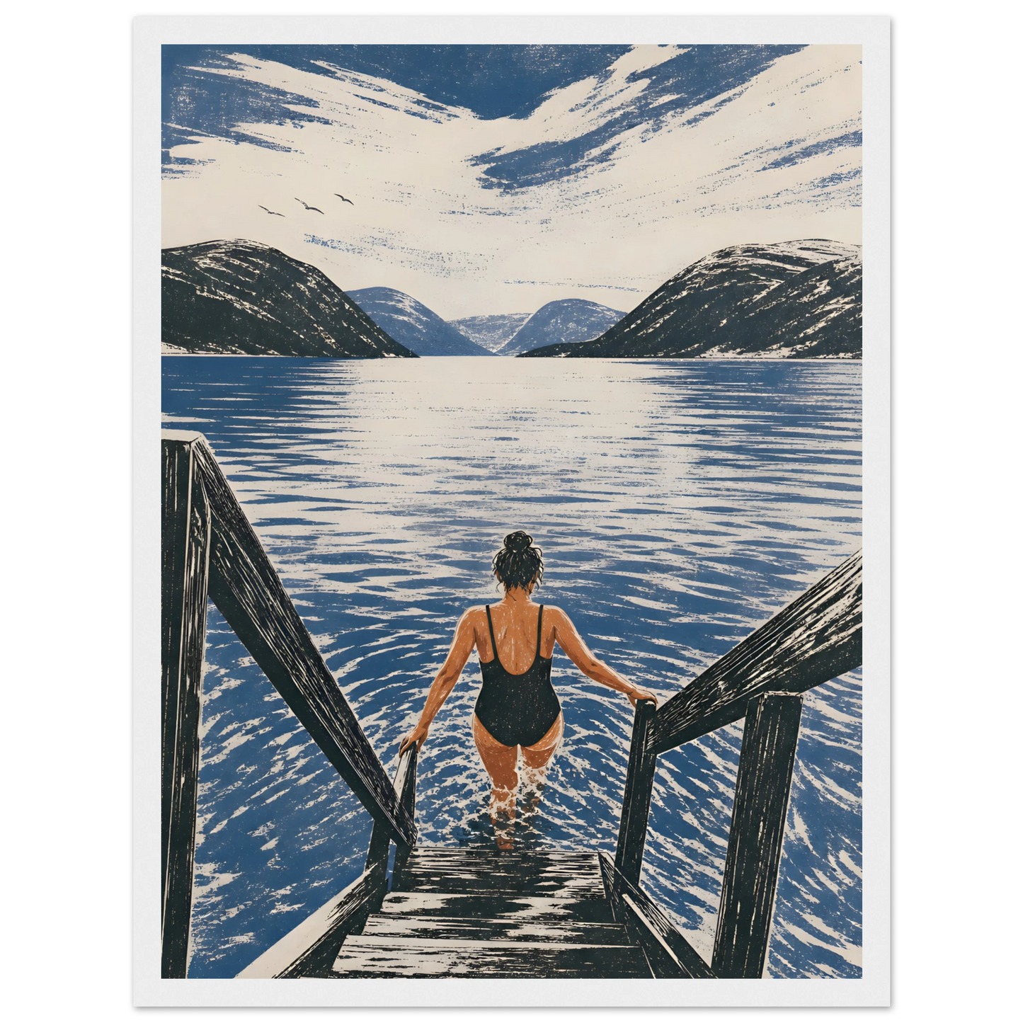 Kunstplakaten Fjordbad med en kvinne som går ned en tretrapp for å bade i en blå norsk fjord omgitt av fjell.