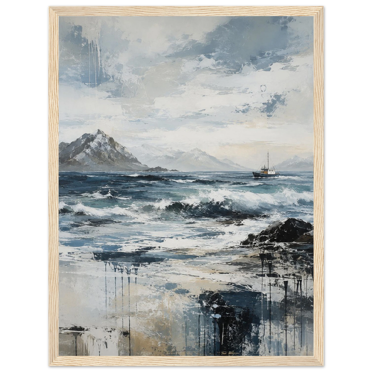 Nordlige farvann abstrakt maritim plakat med nordisk kystlandskap, hav og fiskebåt i blå og grå toner.