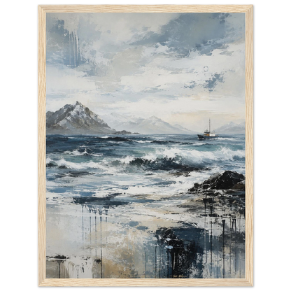 Nordlige farvann abstrakt maritim plakat med nordisk kystlandskap, hav og fiskebåt i blå og grå toner.