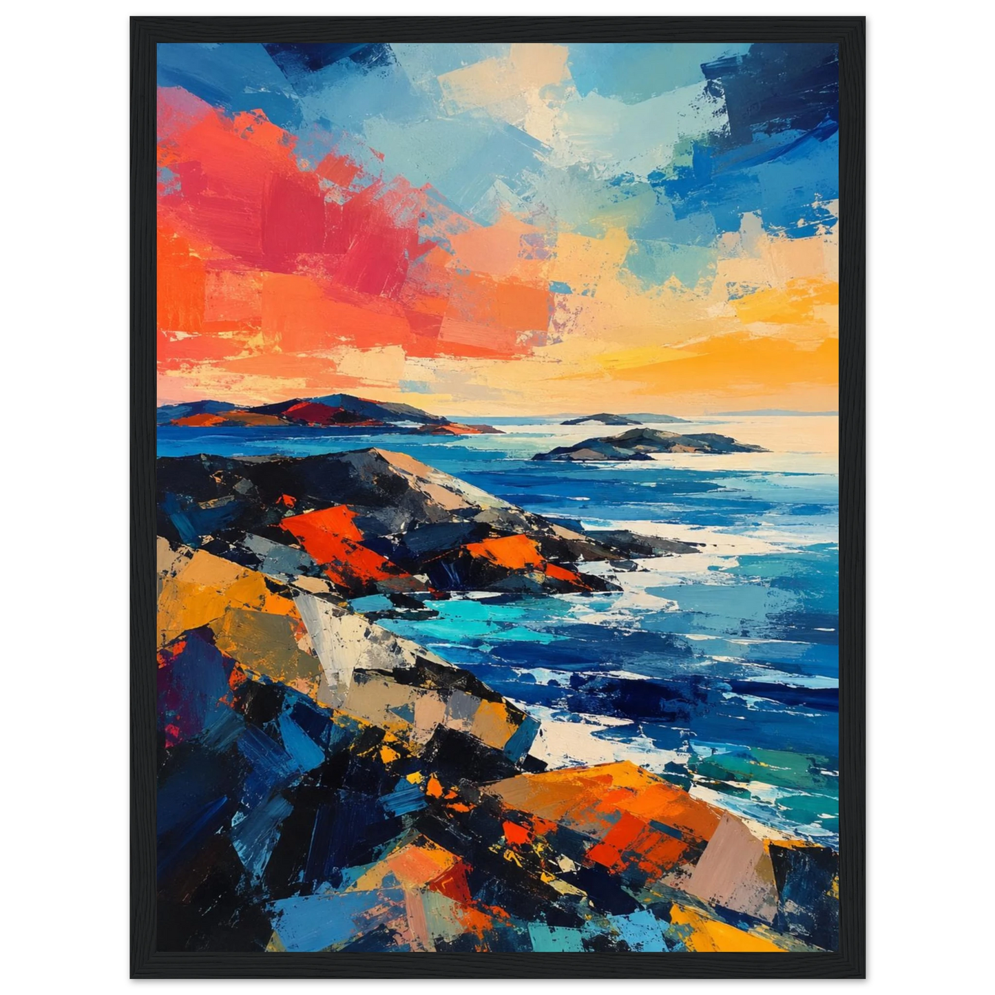Abstrakt maritim plakat inspirert av nordisk kyst med sterke blå og oransje farger, svaberg og hav i moderne kunststil.