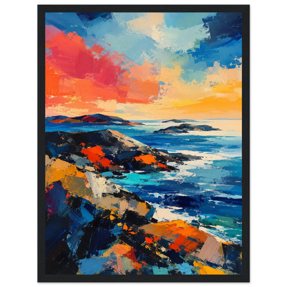 Abstrakt maritim plakat inspirert av nordisk kyst med sterke blå og oransje farger, svaberg og hav i moderne kunststil.