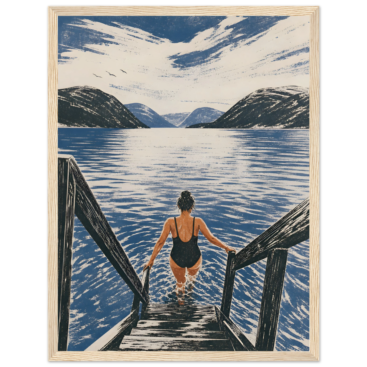 Kunstplakaten Fjordbad med en kvinne som går ned en tretrapp for å bade i en blå norsk fjord omgitt av fjell.