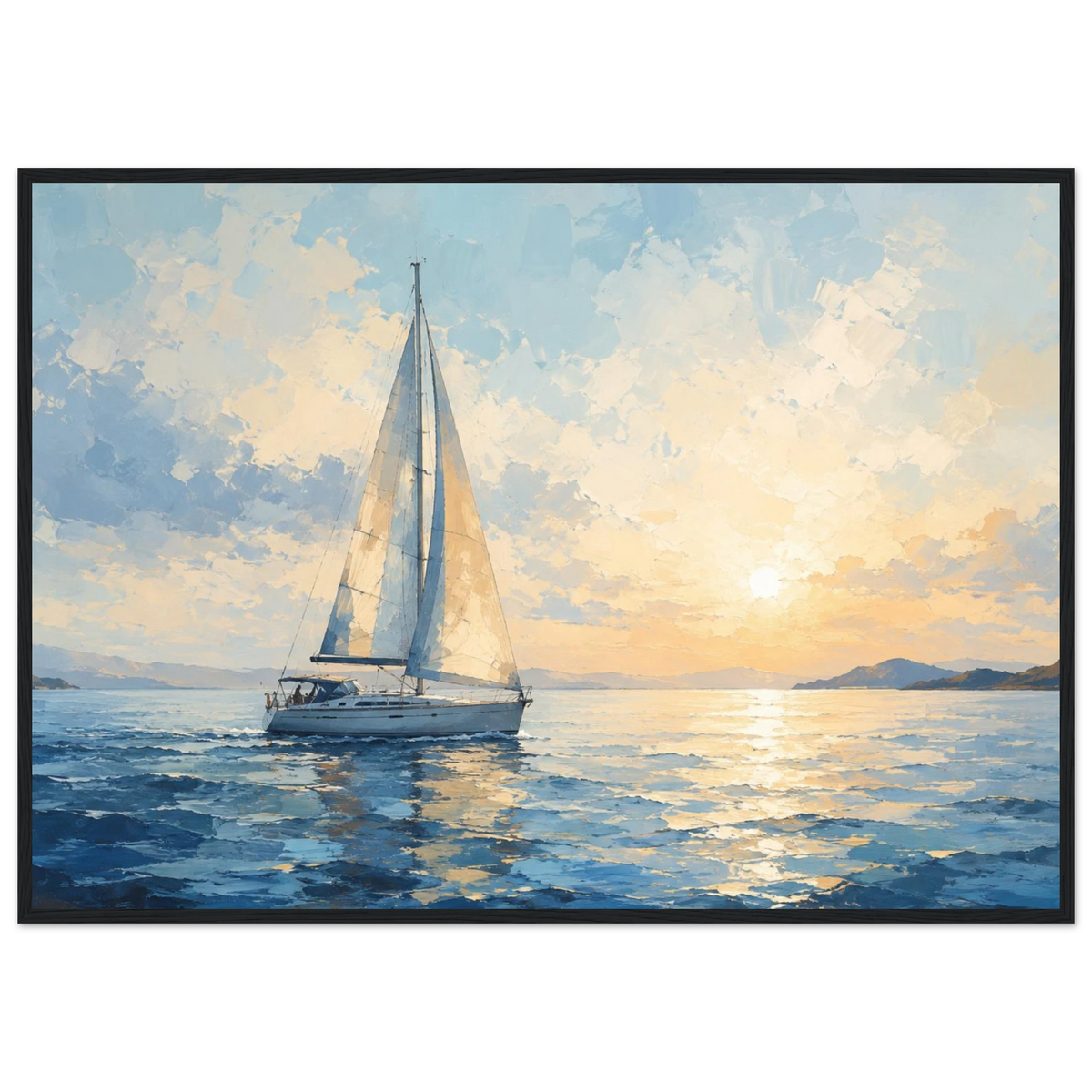 Seilbåt plakat på rolig hav ved solnedgang i blå og gylne toner