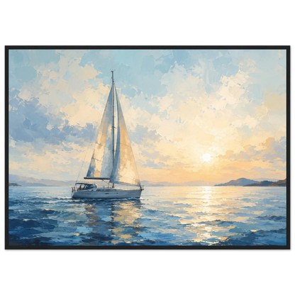 Seilbåt plakat på rolig hav ved solnedgang i blå og gylne toner