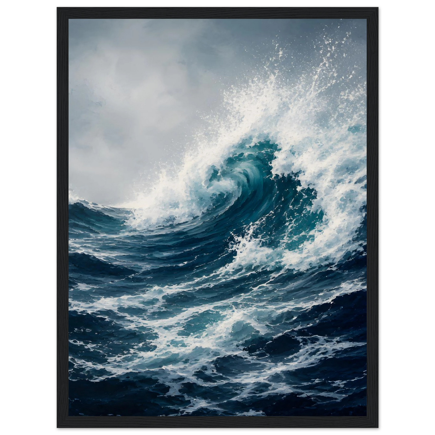 Maritim plakat med stor blå havbølge, hvitt sjøsprøyt og mørkt urolig hav