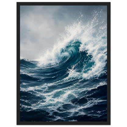 Maritim plakat med stor blå havbølge, hvitt sjøsprøyt og mørkt urolig hav