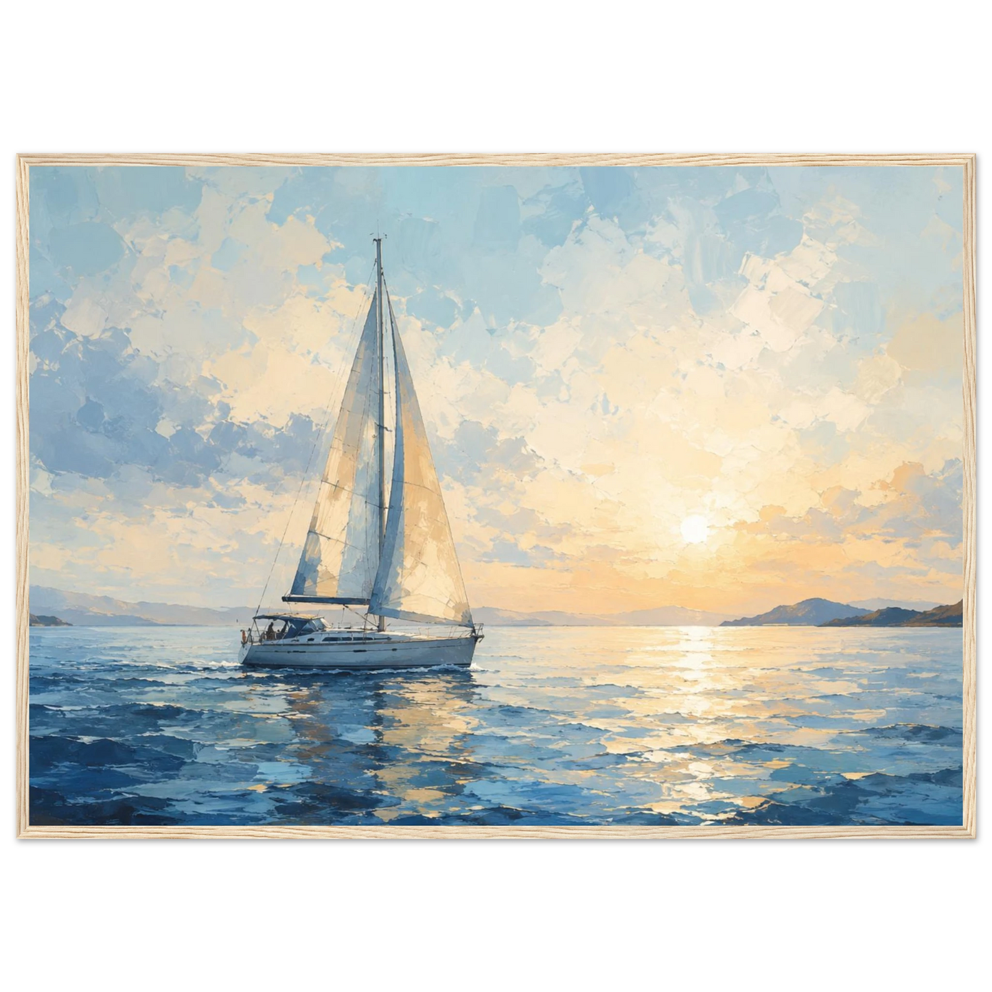Seilbåt plakat på rolig hav ved solnedgang i blå og gylne toner