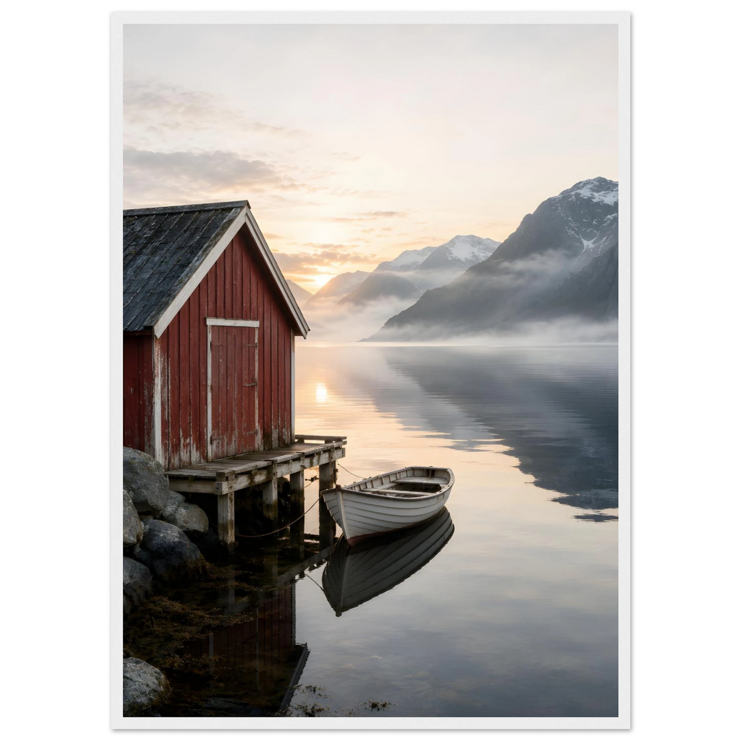Rødt naust og hvit robåt ved en stille fjord med høye fjell og morgenlys