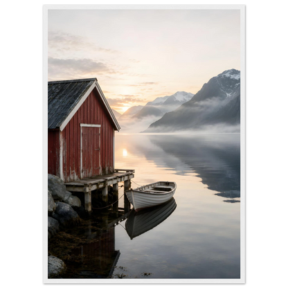 Rødt naust og hvit robåt ved en stille fjord med høye fjell og morgenlys