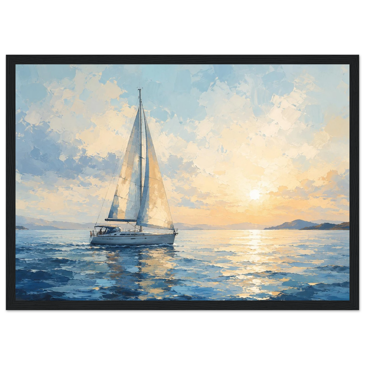 Seilbåt plakat på rolig hav ved solnedgang i blå og gylne toner
