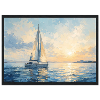 Seilbåt plakat på rolig hav ved solnedgang i blå og gylne toner