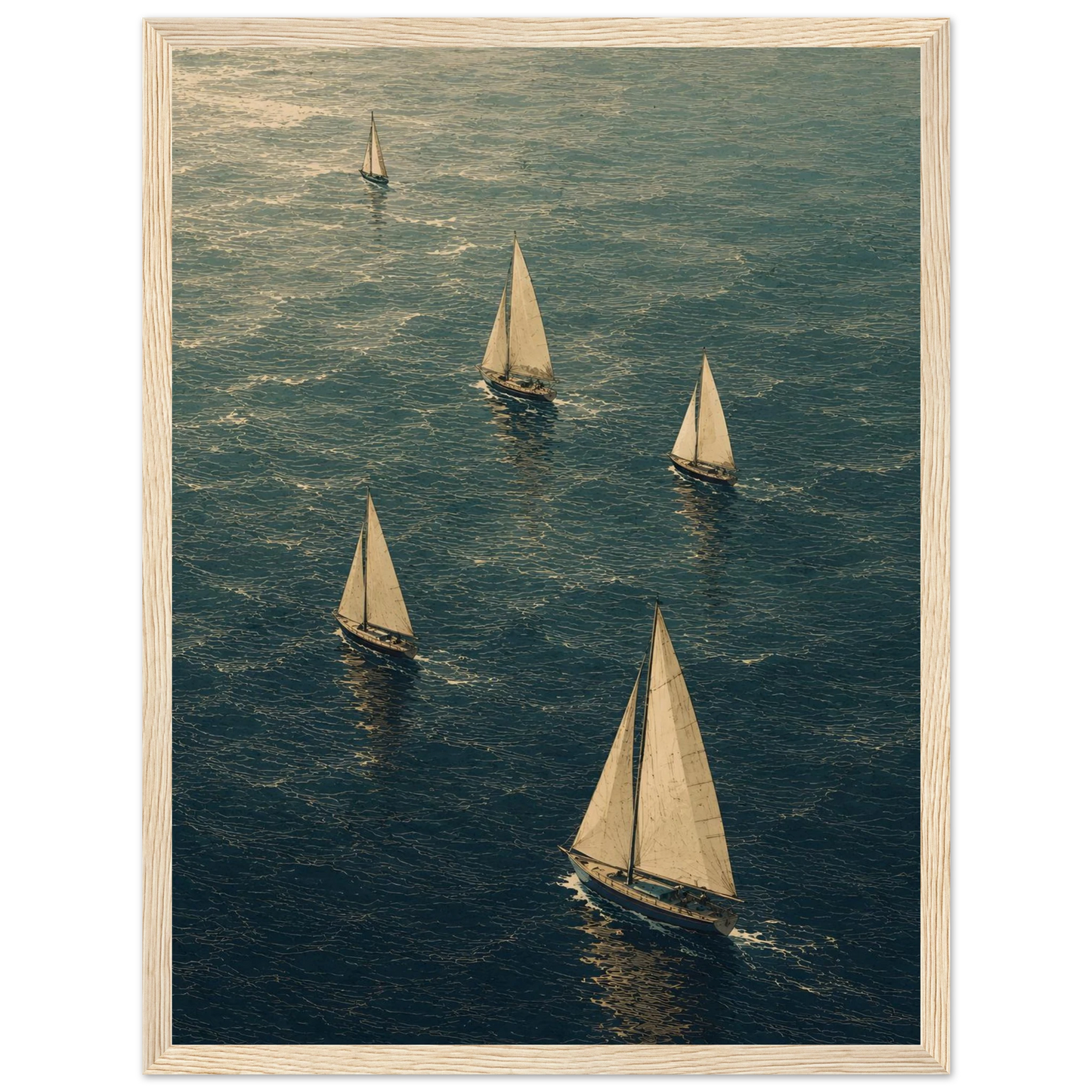 Maritim plakat med flere seilbåter som seiler over et blågrønt hav i et kunstnerisk grafisk uttrykk.