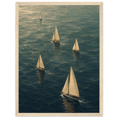 Maritim plakat med flere seilbåter som seiler over et blågrønt hav i et kunstnerisk grafisk uttrykk.