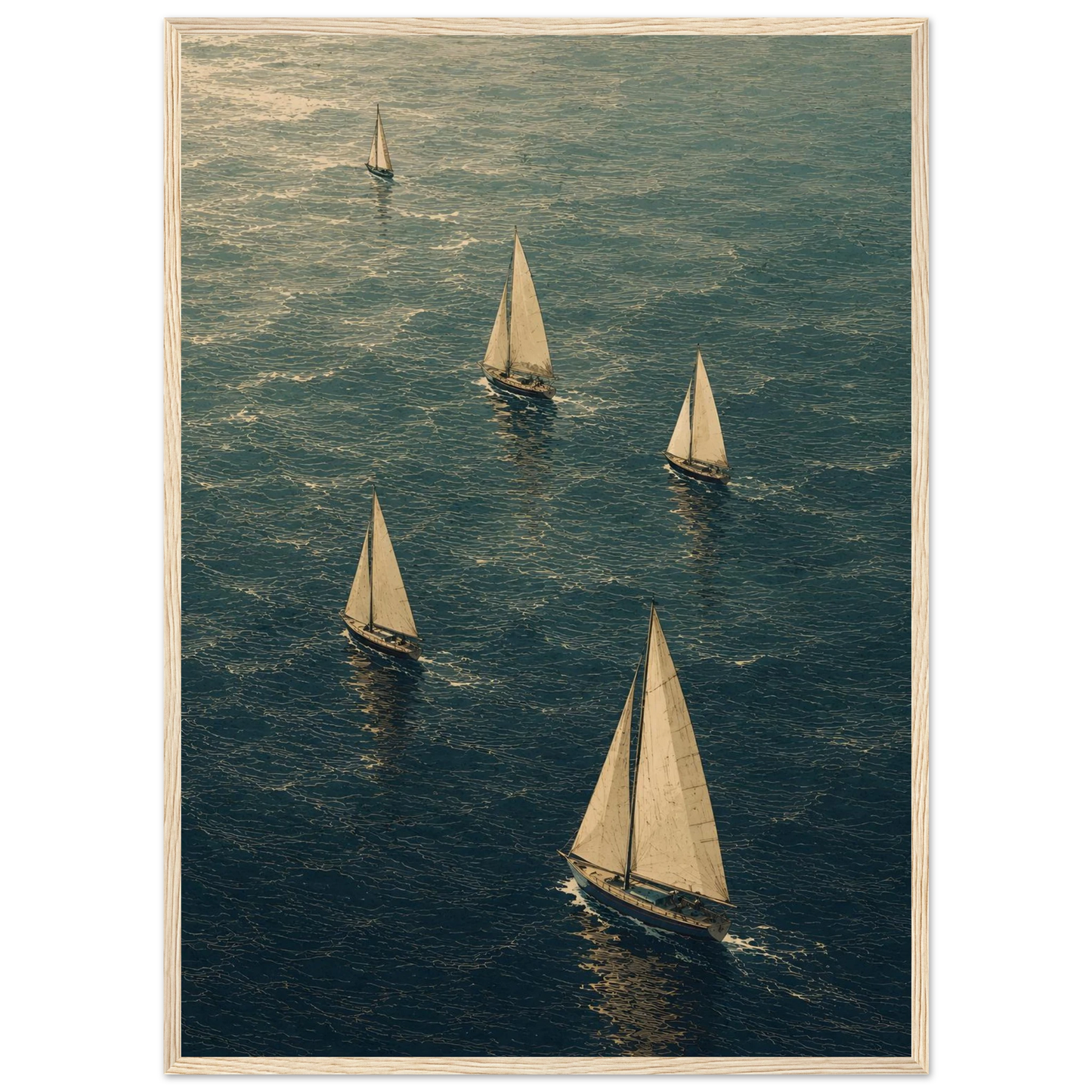 Maritim plakat med flere seilbåter som seiler over et blågrønt hav i et kunstnerisk grafisk uttrykk.
