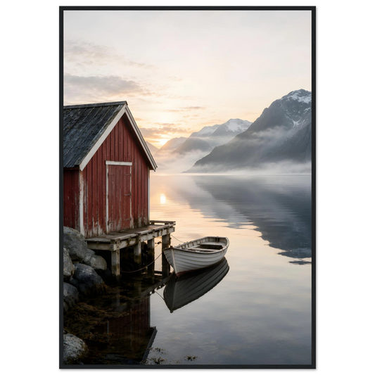 Rødt naust og hvit robåt ved en stille fjord med høye fjell og morgenlys