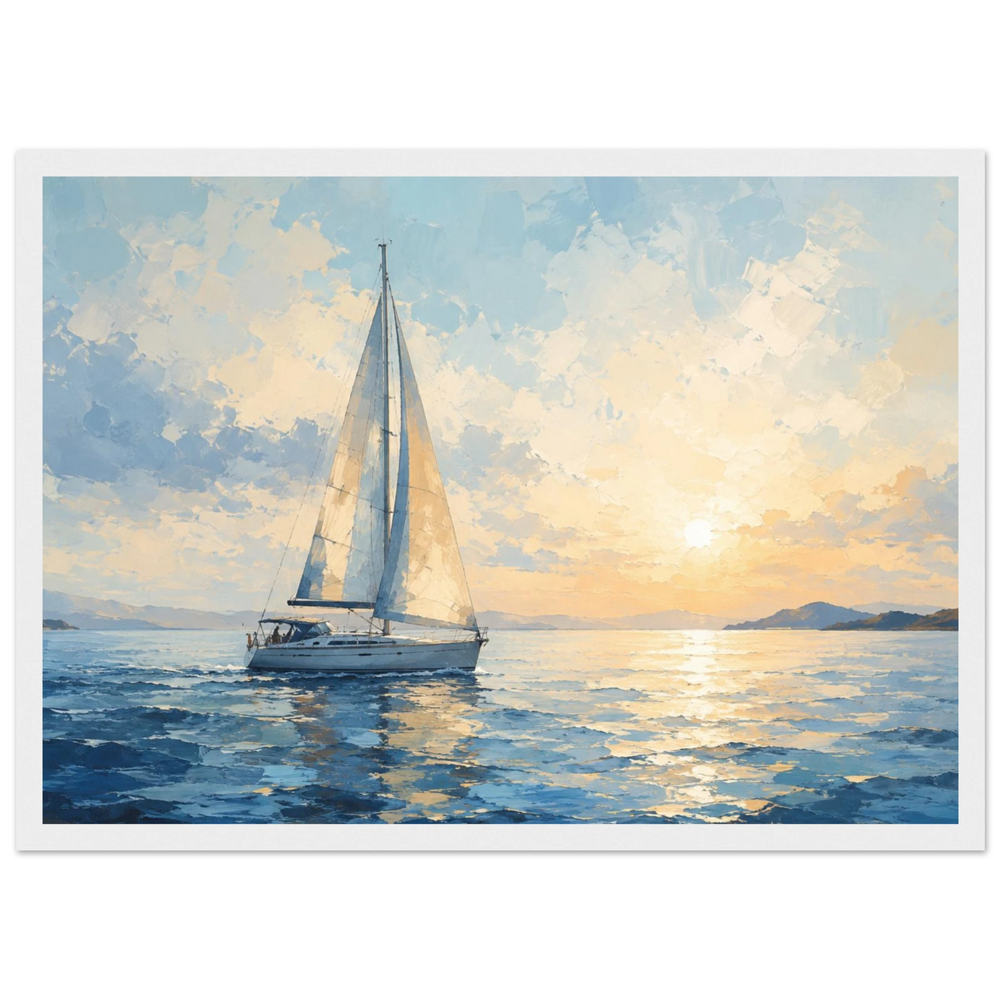 Seilbåt plakat på rolig hav ved solnedgang i blå og gylne toner