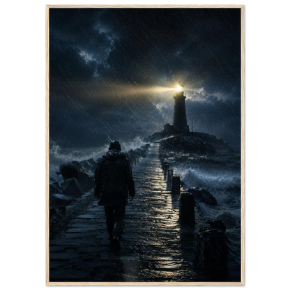 Fyrtårn plakat i storm med lysende fyr og mørkt hav
