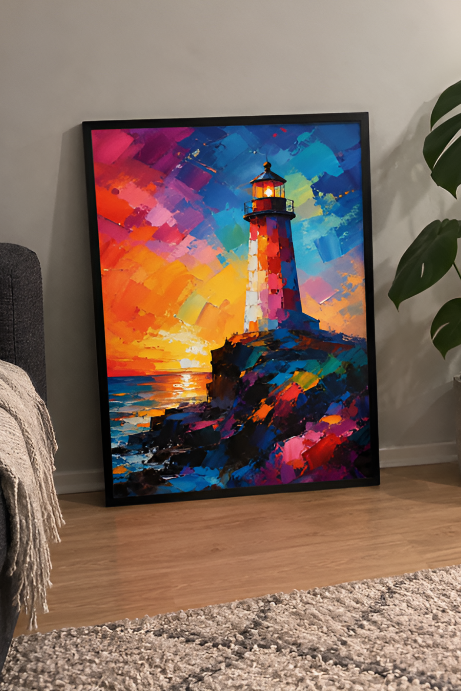 Abstrakt fyrtårnplakat med sterke blå, røde og oransje farger inspirert av den nordiske kysten.