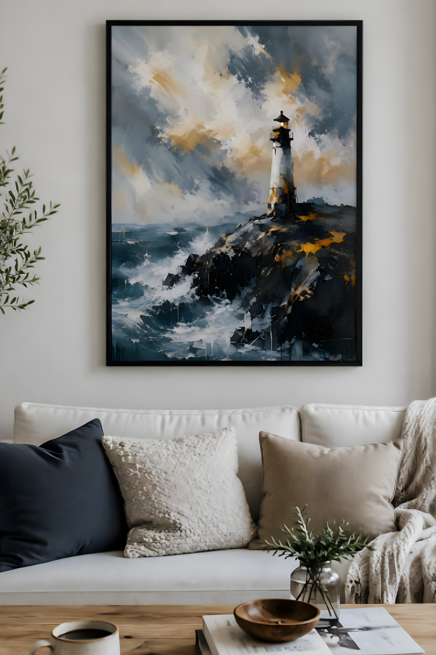 Nordlig Fyr kunstplakat med ensomt fyrtårn på en steinete nordisk kyst, dramatiske bølger og abstrakte penselstrøk i blå, grå og varme okertoner.