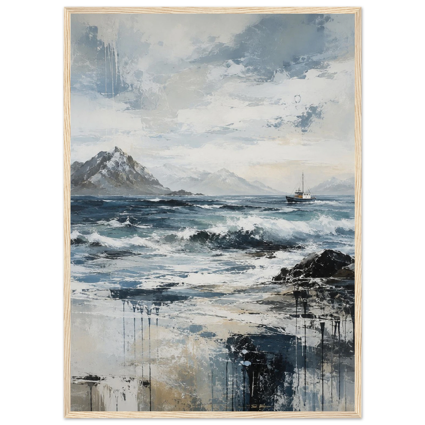 Nordlige farvann abstrakt maritim plakat med nordisk kystlandskap, hav og fiskebåt i blå og grå toner.