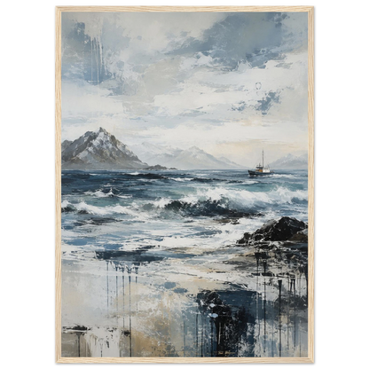 Nordlige farvann abstrakt maritim plakat med nordisk kystlandskap, hav og fiskebåt i blå og grå toner.