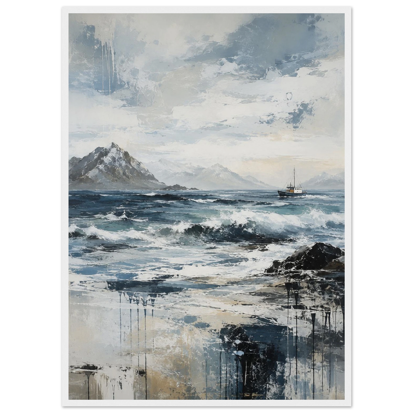 Nordlige farvann abstrakt maritim plakat med nordisk kystlandskap, hav og fiskebåt i blå og grå toner.