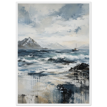 Nordlige farvann abstrakt maritim plakat med nordisk kystlandskap, hav og fiskebåt i blå og grå toner.