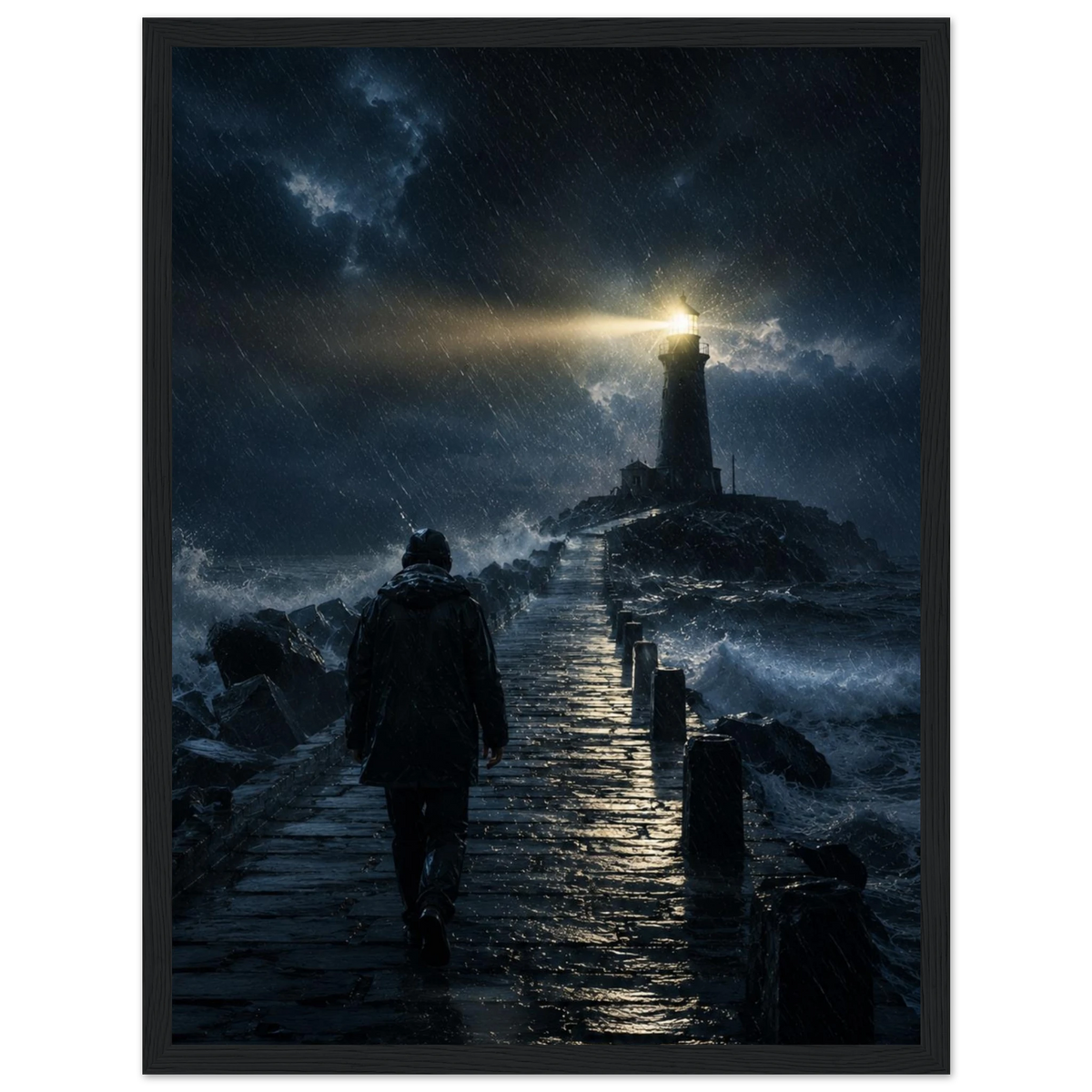 Fyrtårn plakat i storm med lysende fyr og mørkt hav