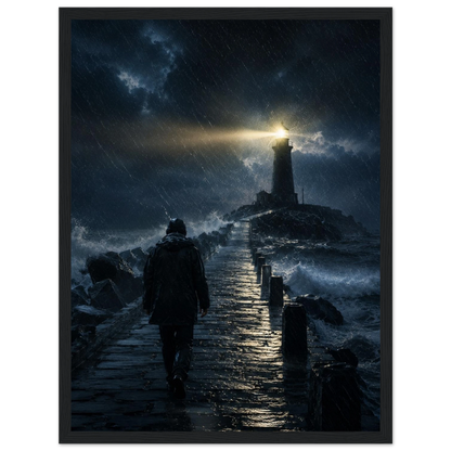 Fyrtårn plakat i storm med lysende fyr og mørkt hav