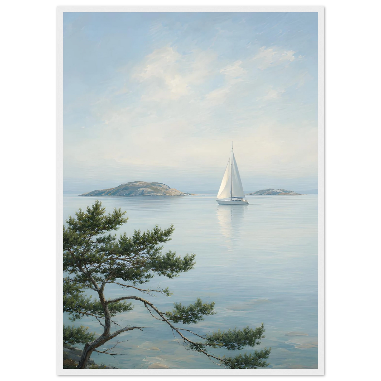 Maritim plakat med hvit seilbåt på stille sjø, svaberg og kystfuru i en lys nordisk skjærgård
