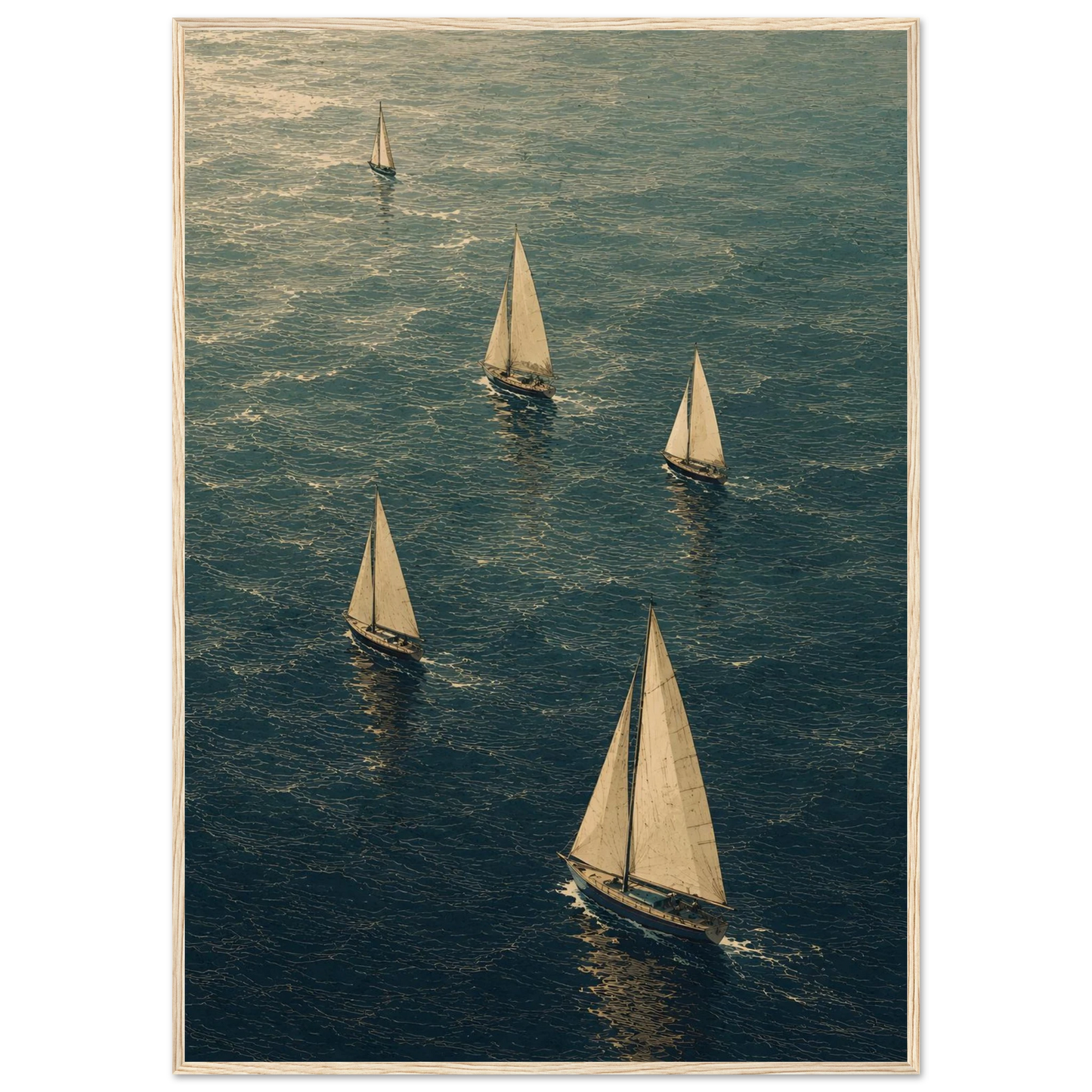 Maritim plakat med flere seilbåter som seiler over et blågrønt hav i et kunstnerisk grafisk uttrykk.