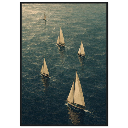 Maritim plakat med flere seilbåter som seiler over et blågrønt hav i et kunstnerisk grafisk uttrykk.