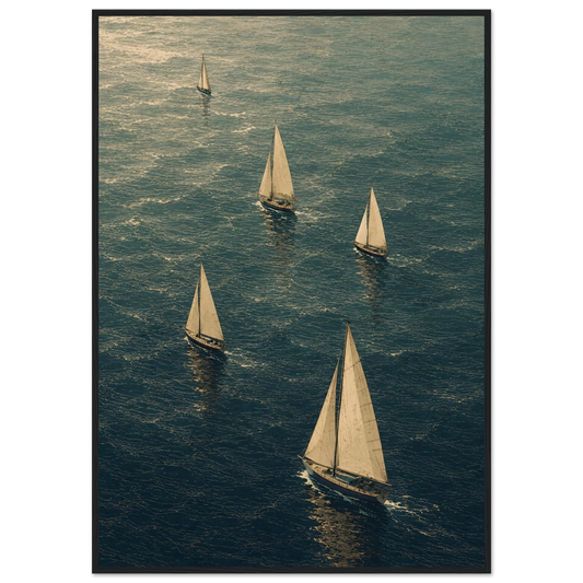 Maritim plakat med flere seilbåter som seiler over et blågrønt hav i et kunstnerisk grafisk uttrykk.