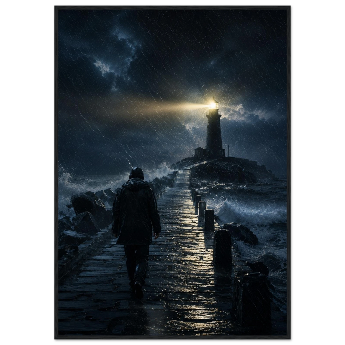 Fyrtårn plakat i storm med lysende fyr og mørkt hav
