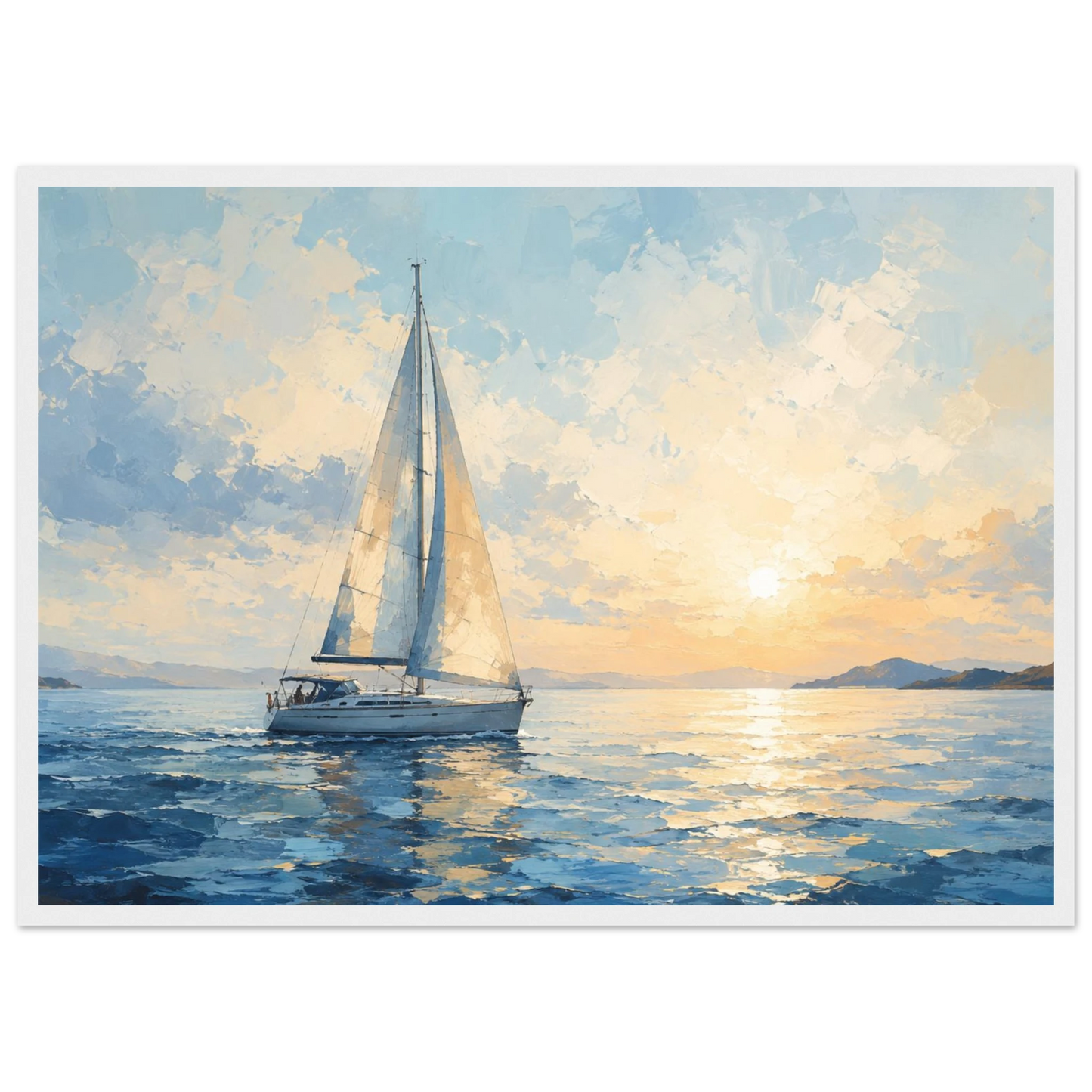 Seilbåt plakat på rolig hav ved solnedgang i blå og gylne toner
