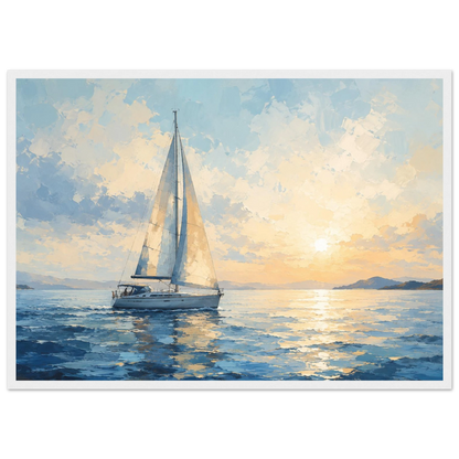 Seilbåt plakat på rolig hav ved solnedgang i blå og gylne toner