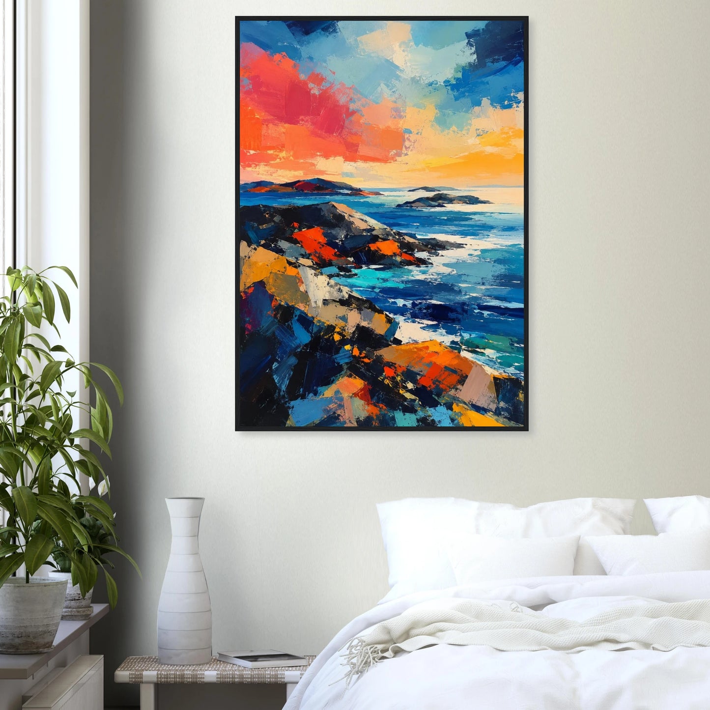 Abstrakt maritim plakat inspirert av nordisk kyst med sterke blå og oransje farger, svaberg og hav i moderne kunststil.