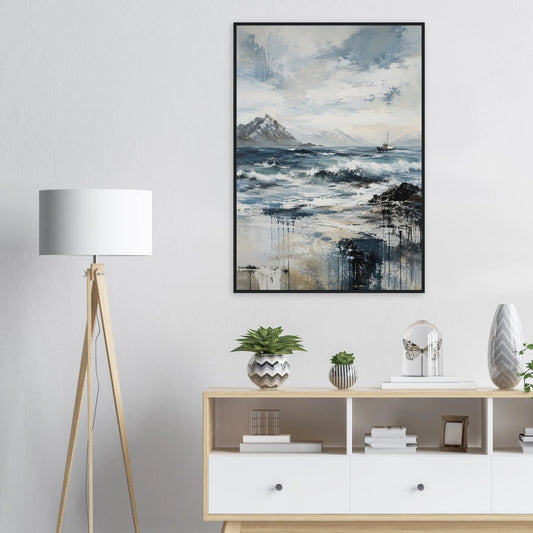 Nordlige farvann abstrakt maritim plakat med nordisk kystlandskap, hav og fiskebåt i blå og grå toner.