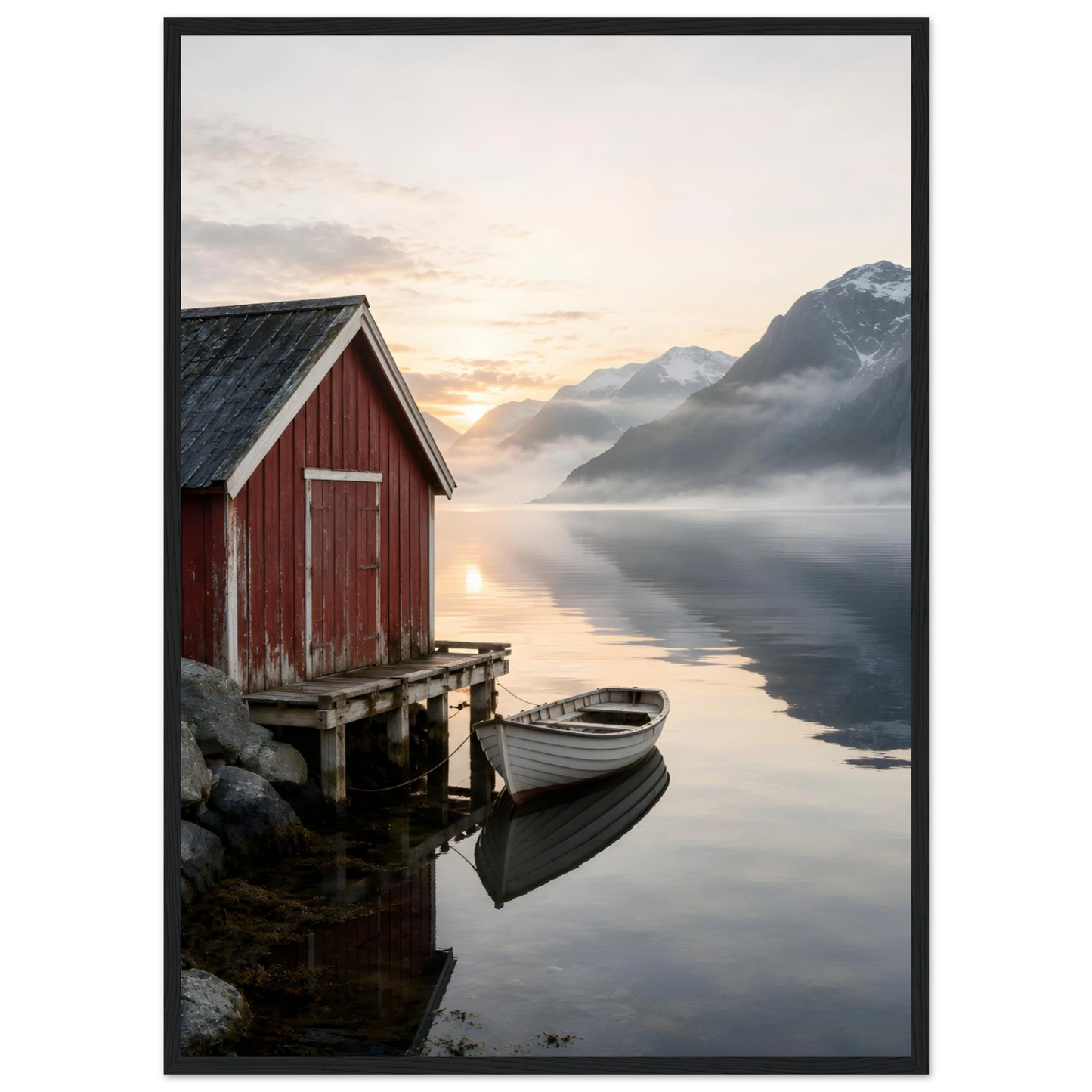 Rødt naust og hvit robåt ved en stille fjord med høye fjell og morgenlys