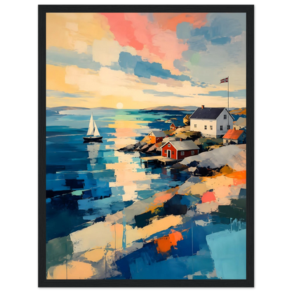 Fargerik kunstplakat av en skandinavisk kyst med sjø, seilbåt, røde naust og moderne maleriske penselstrøk.