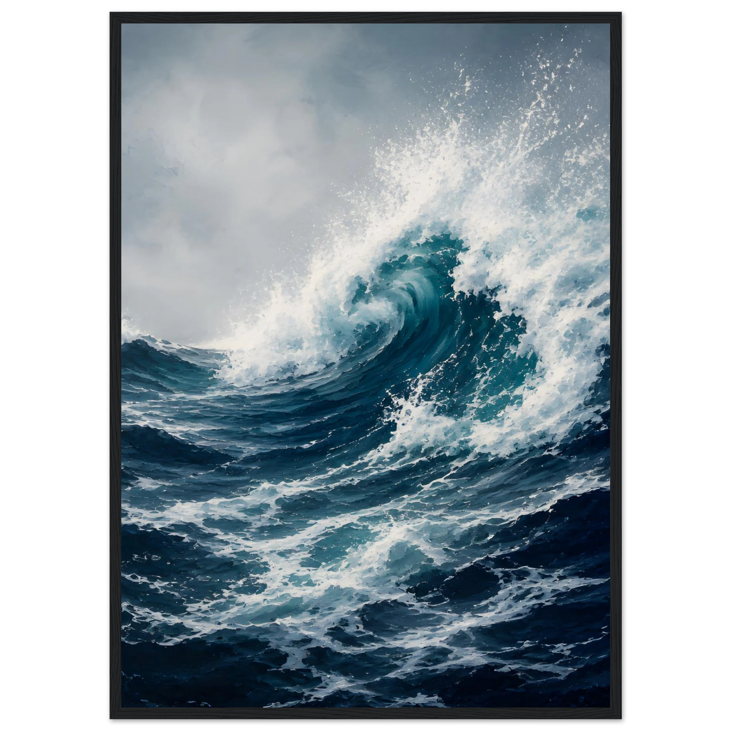 Maritim plakat med stor blå havbølge, hvitt sjøsprøyt og mørkt urolig hav
