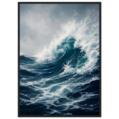Maritim plakat med stor blå havbølge, hvitt sjøsprøyt og mørkt urolig hav