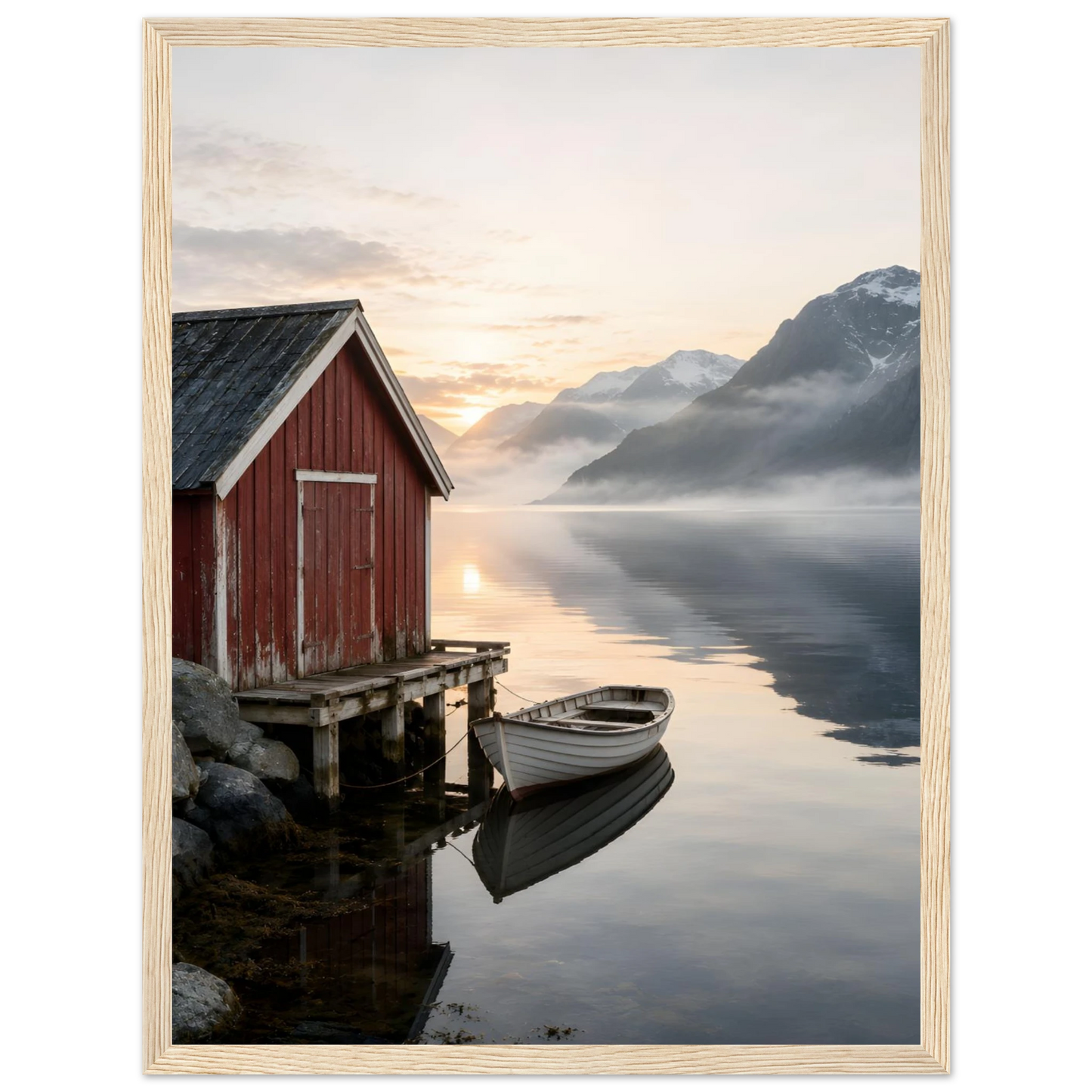 Rødt naust og hvit robåt ved en stille fjord med høye fjell og morgenlys
