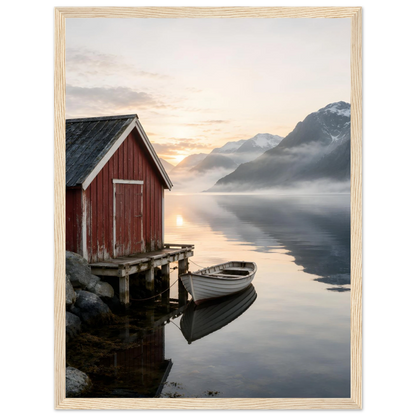 Rødt naust og hvit robåt ved en stille fjord med høye fjell og morgenlys