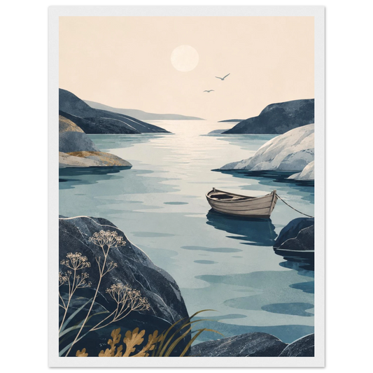 Robåt plakat på stille fjord med nordisk kystlandskap i myke blå toner