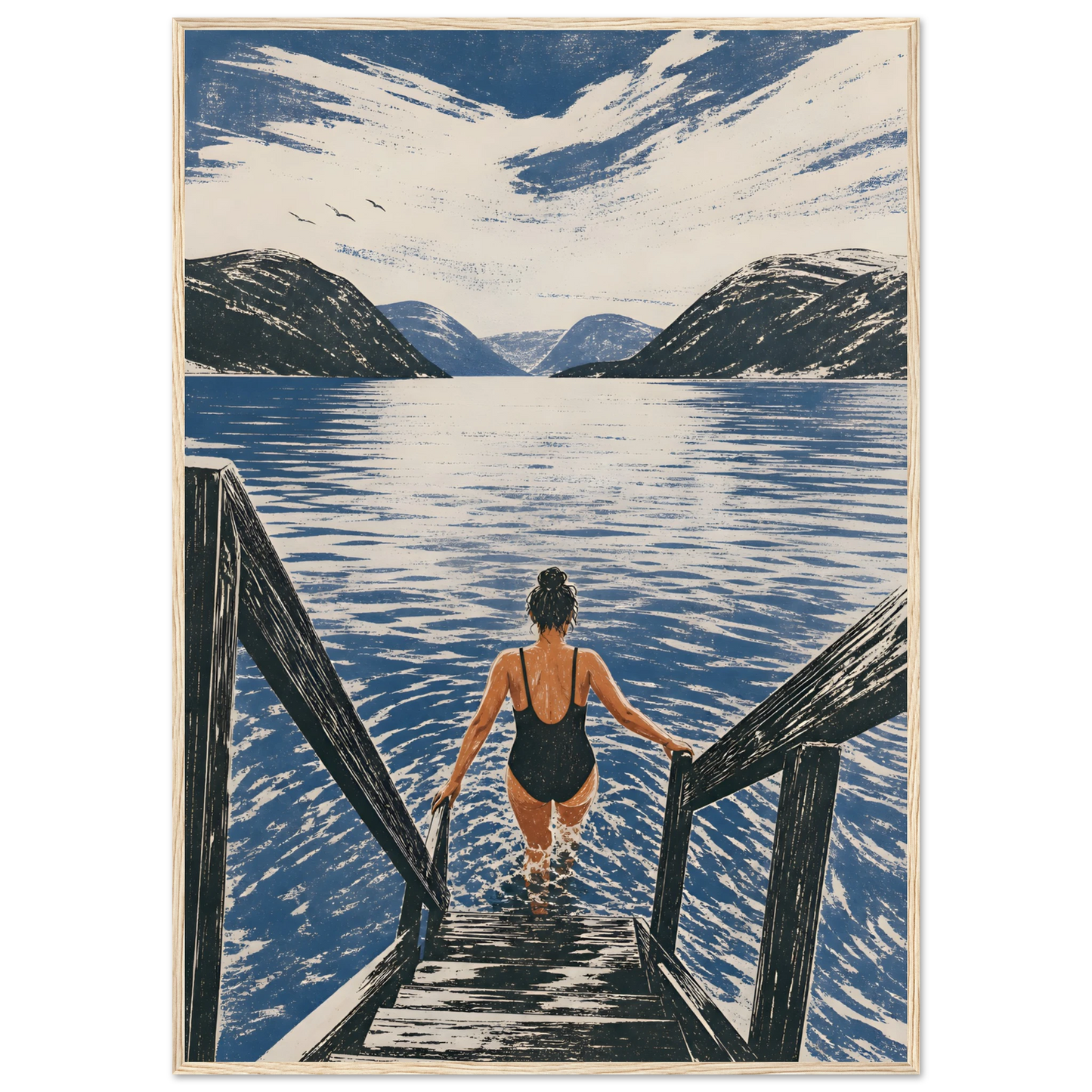 Kunstplakaten Fjordbad med en kvinne som går ned en tretrapp for å bade i en blå norsk fjord omgitt av fjell.